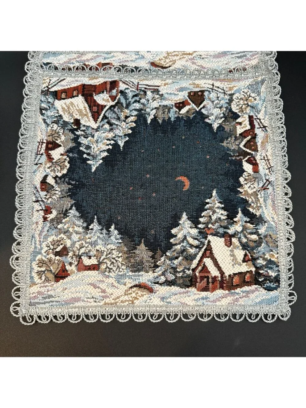 6 Christmas Holiday Village Blue White Woven Tapestry Placemats Russian VNC